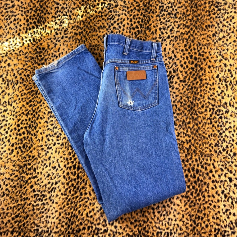 Vintage Wrangler Cowboy Cut 13MWZ Blue Denim Jeans 34x34 Mens Mexico Distressed